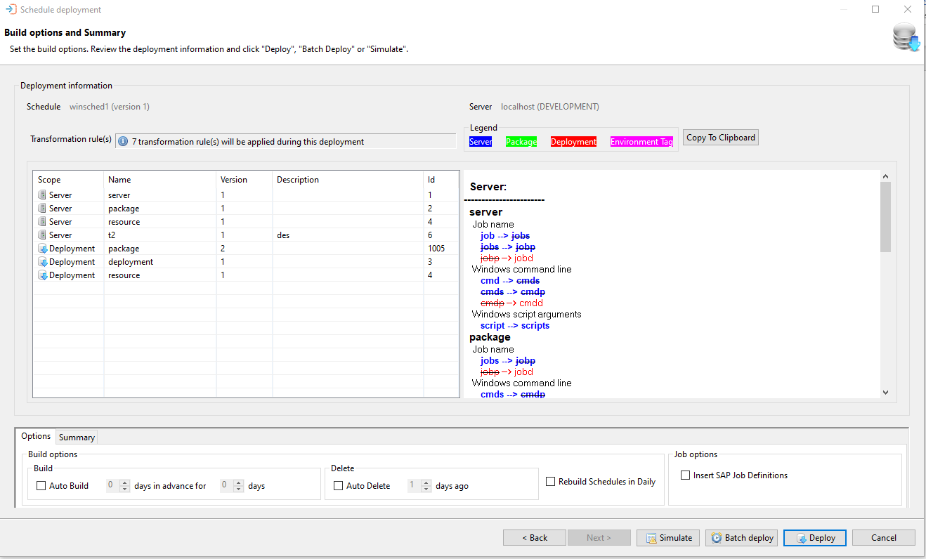 Build Options and Summary screen