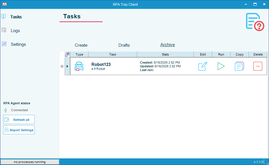 Archive grid showing a task row with the Copy button