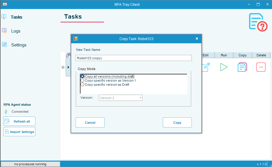 Copy Task dialog showing the New Task Name field and the three Copy Mode options