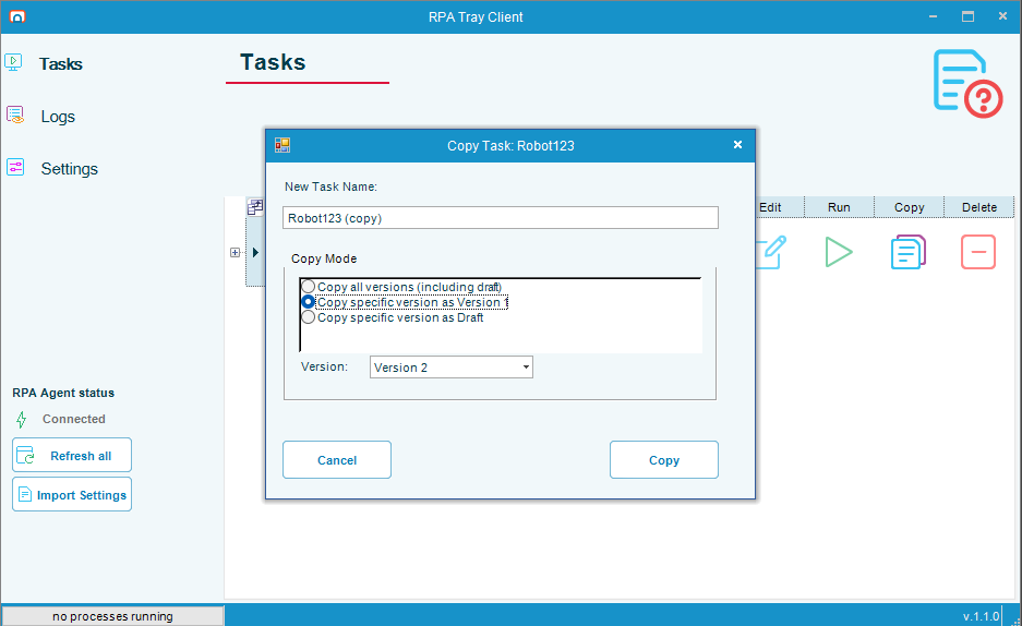 Copy Task dialog with Copy specific version as Version 1 selected and a version chosen in the Version list