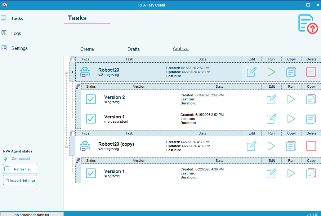 Archive grid showing the original task and the new copy whose history starts at Version 1