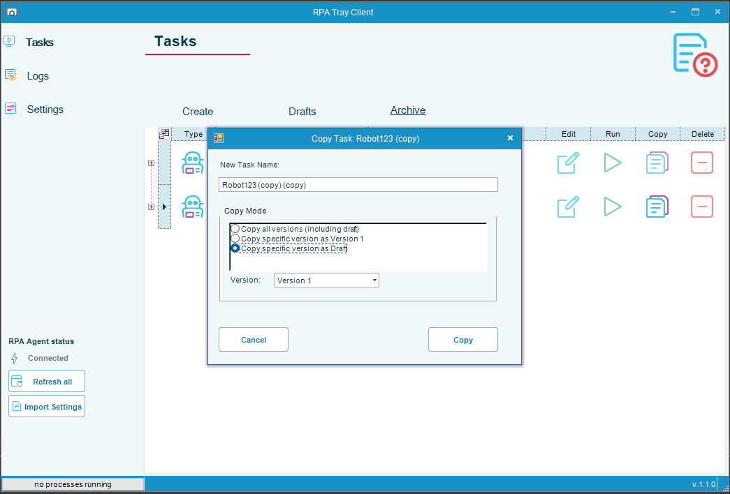 Copy Task dialog with Copy specific version as Draft selected