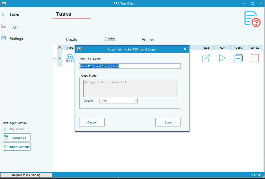 Copy Task dialog opened from the Drafts grid with Copy specific version as Draft as the only mode