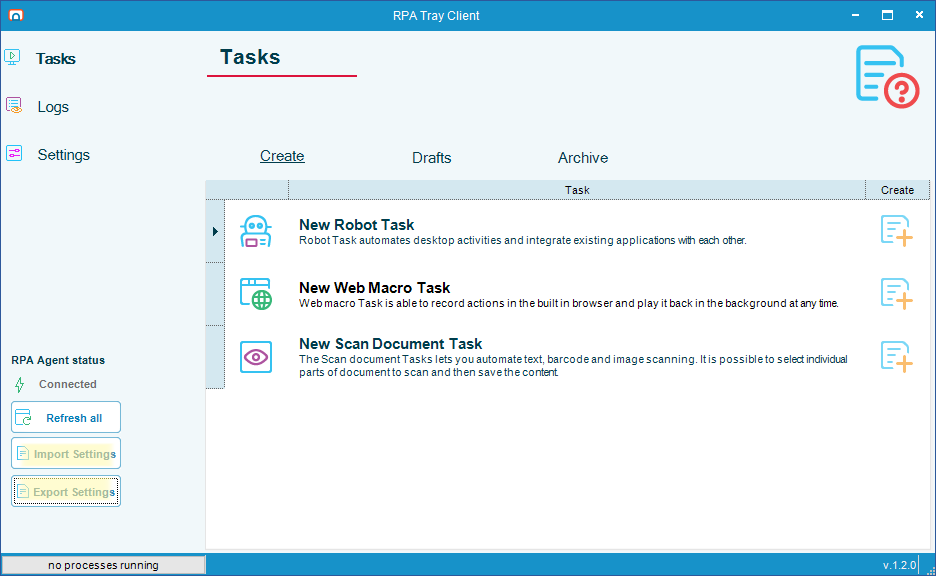 The RPA Tray Client dashboard with the Export Settings and Import Settings buttons