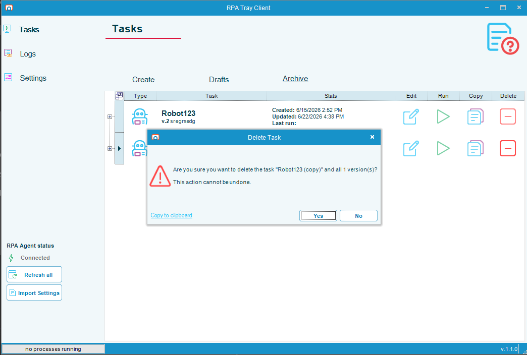 Delete Task dialog on the Archive grid warning that the task and all its versions will be deleted and that the action cannot be undone
