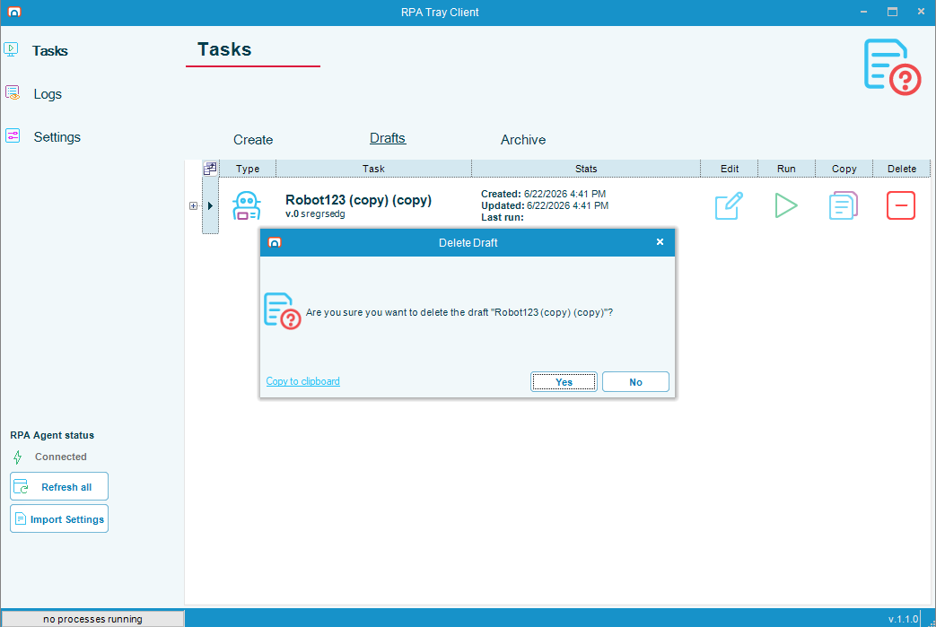 Delete Draft dialog on the Drafts grid asking to confirm deletion of a single draft