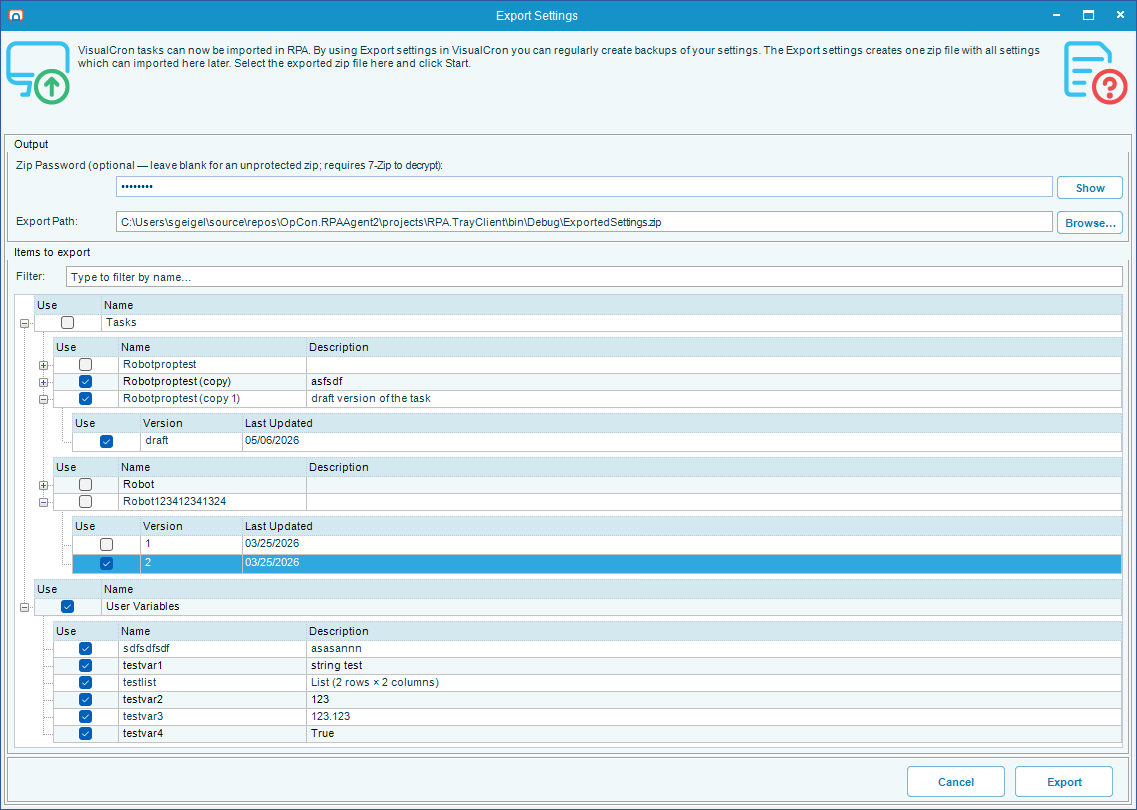 The Export Settings window with tasks and variables selected