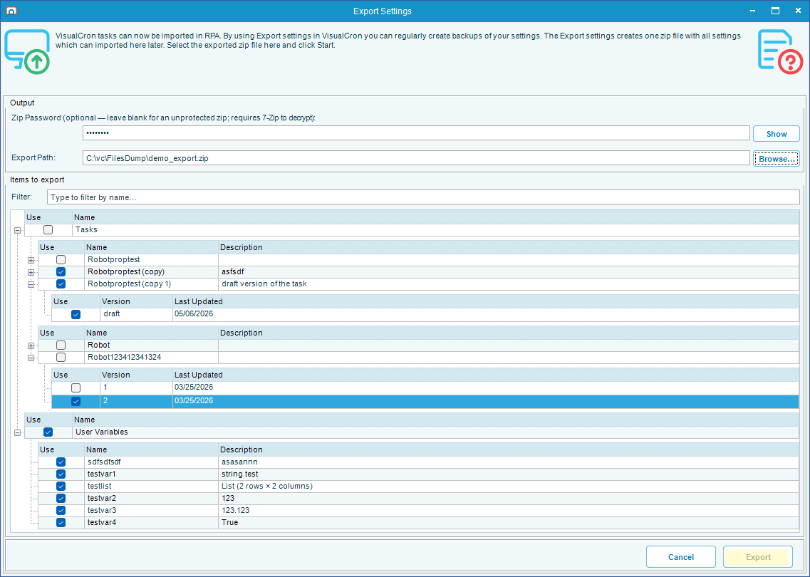 The Export Settings confirmation message