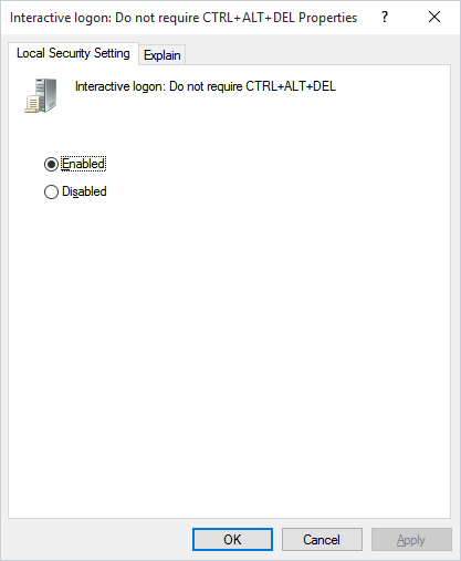 Interactive logon: Do not require CTRL+ALT+DEL set to Enabled