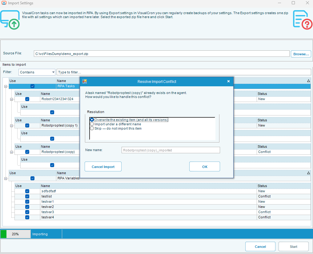 The Resolve Import Conflict window