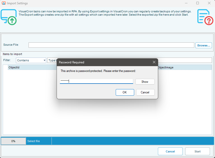 The password prompt shown for a protected export file