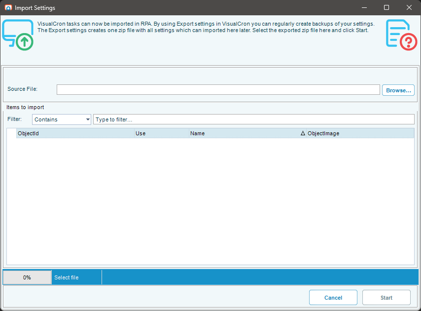 The Import Settings window before a file is selected