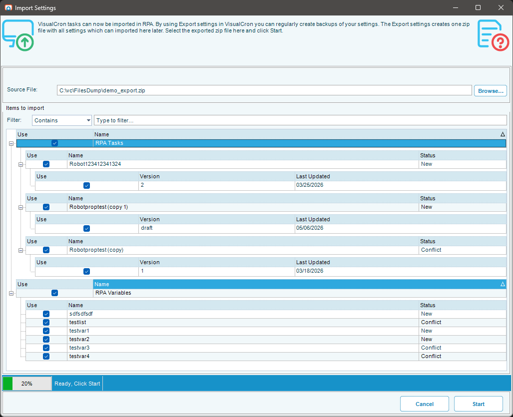 The Import Settings window with items selected for import