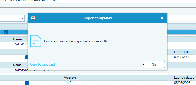 The Import Settings confirmation message