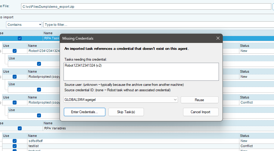 The Missing Credentials window