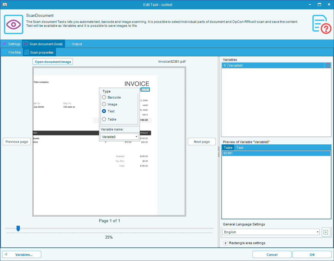 The Scan properties tab showing a marked region, its properties window, the Variables list, and the preview of what the region reads
