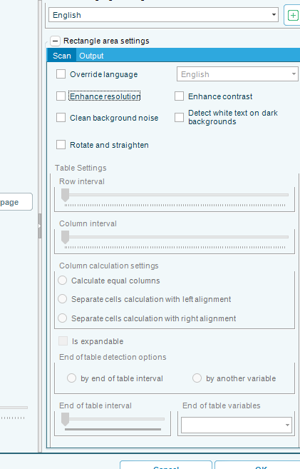 Rectangle area settings showing the recognition options