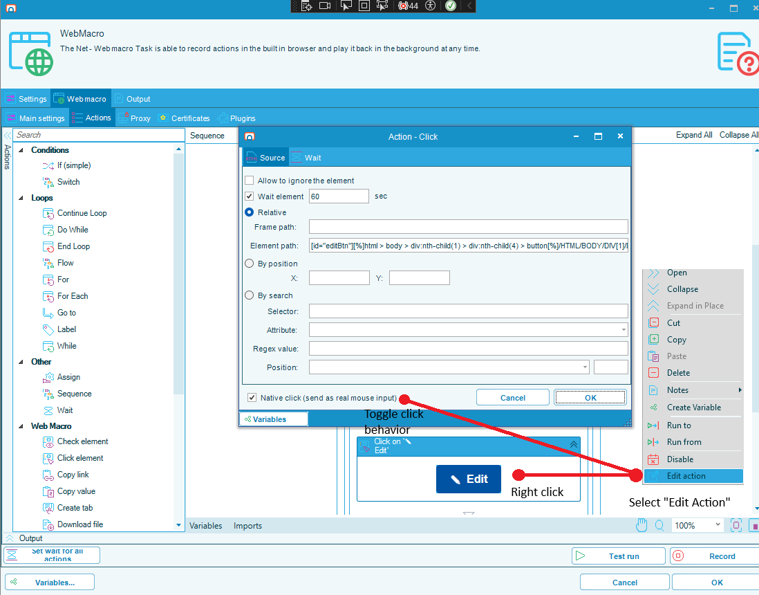 The Action - Click window showing the Native click option